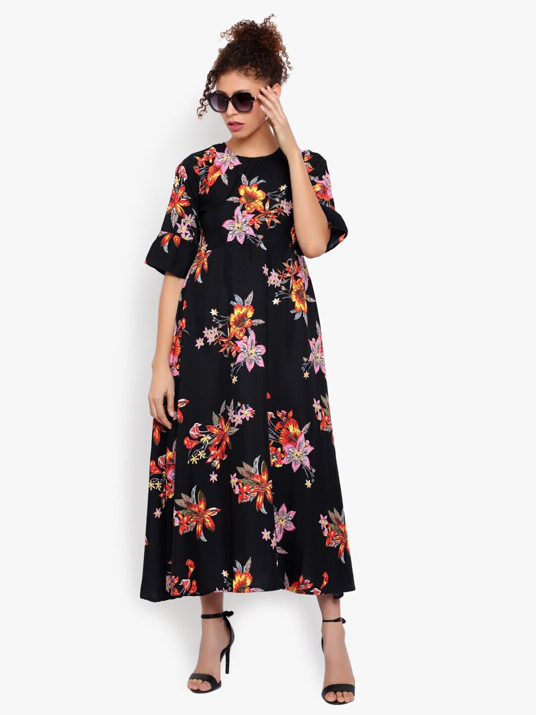 Black and Orange Floral Print Dress — view 1