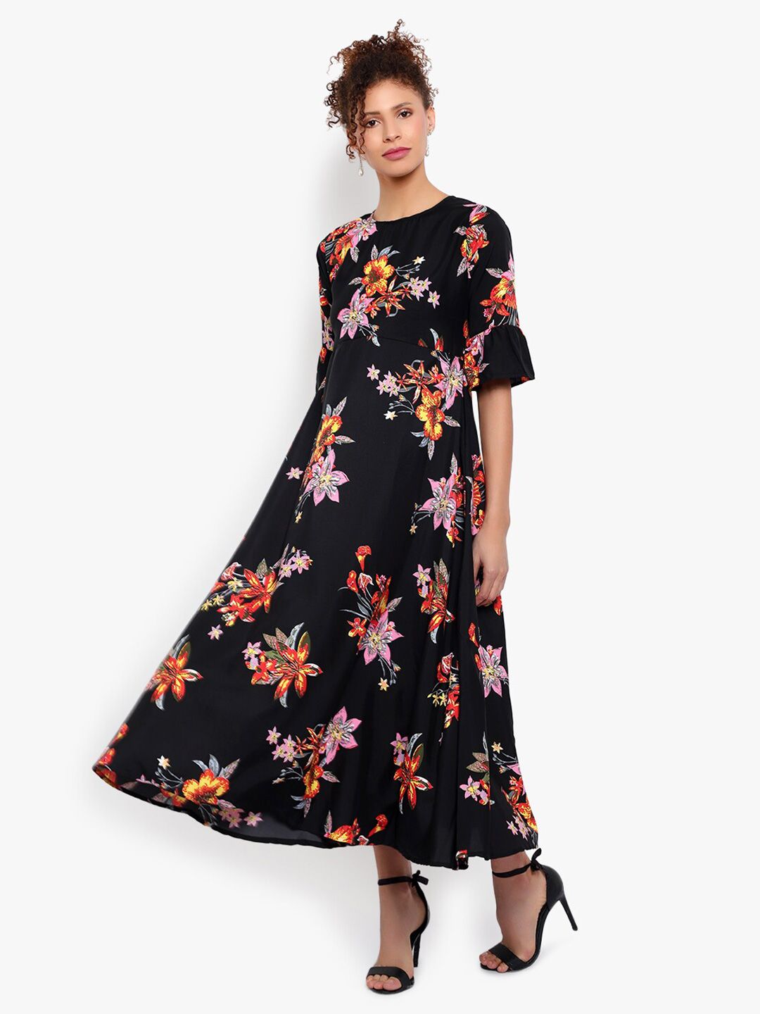 Black and Orange Floral Print Dress — view 6