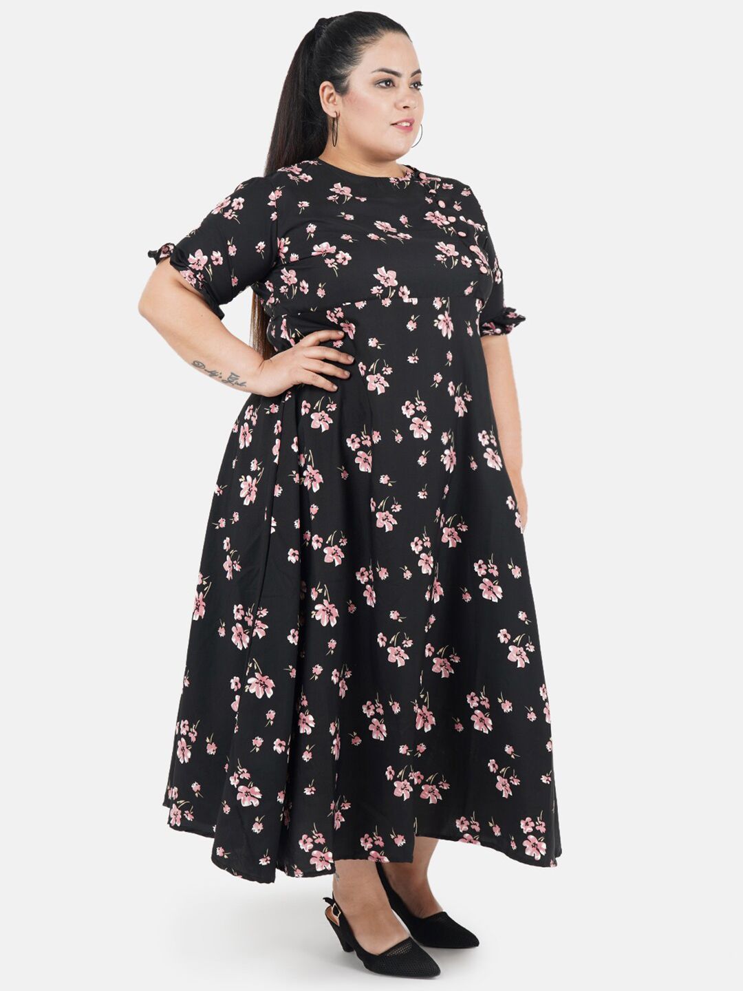 Black and Pink Floral Print Plus Size Dress — view 3