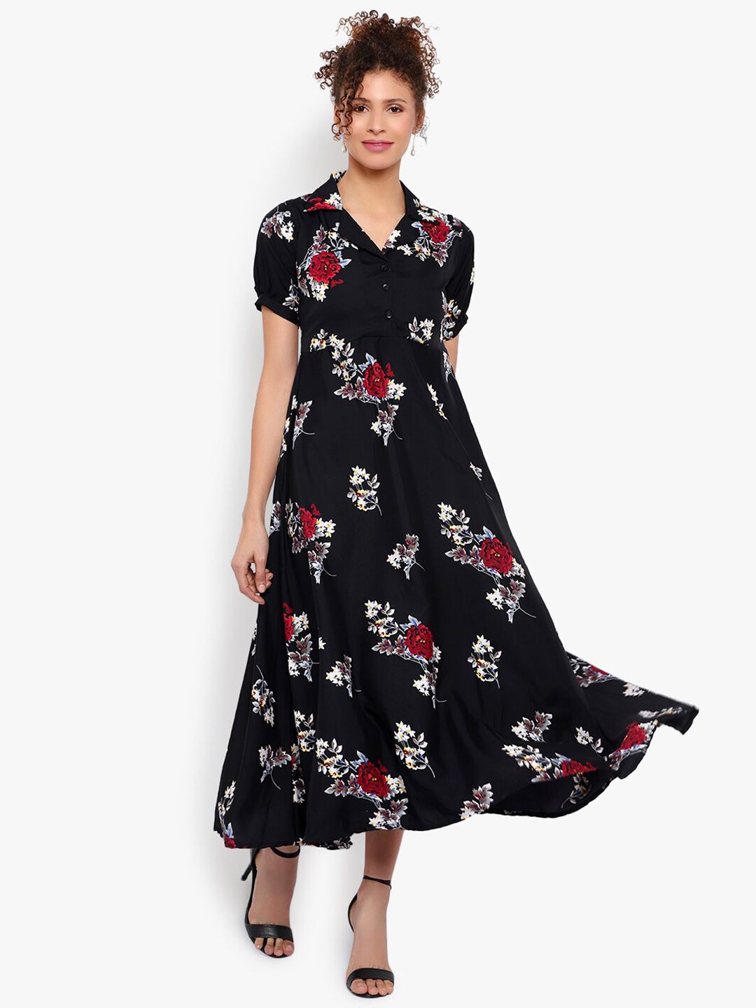 Black and Red Floral Print Dress — view 6