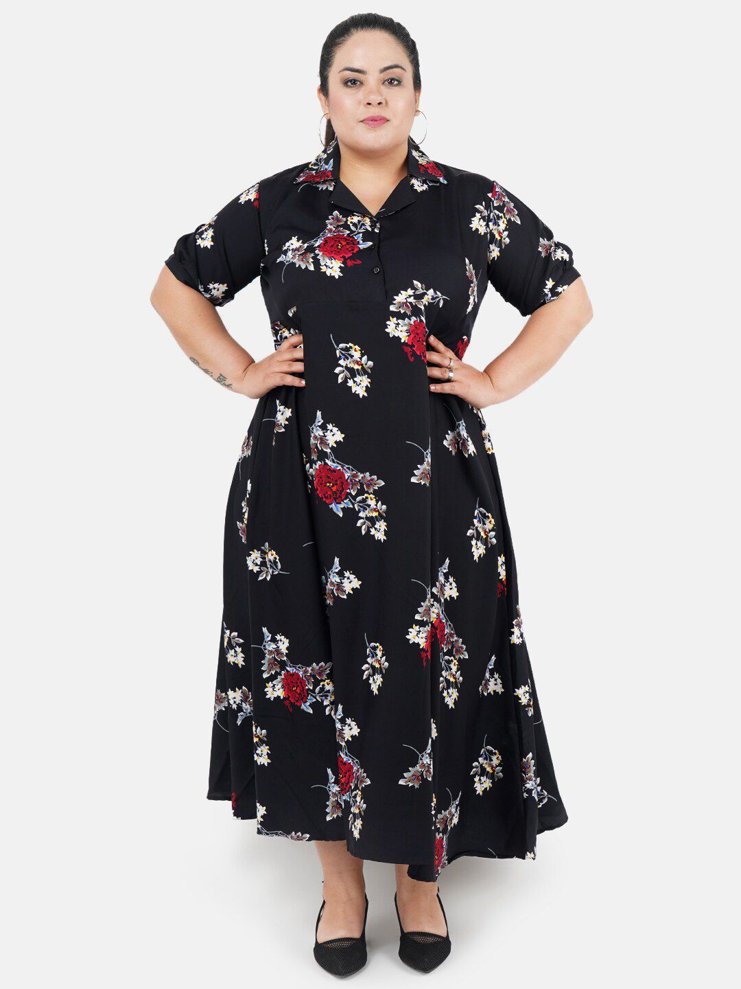 Black and Red Floral Print Plus Size Dress — view 1