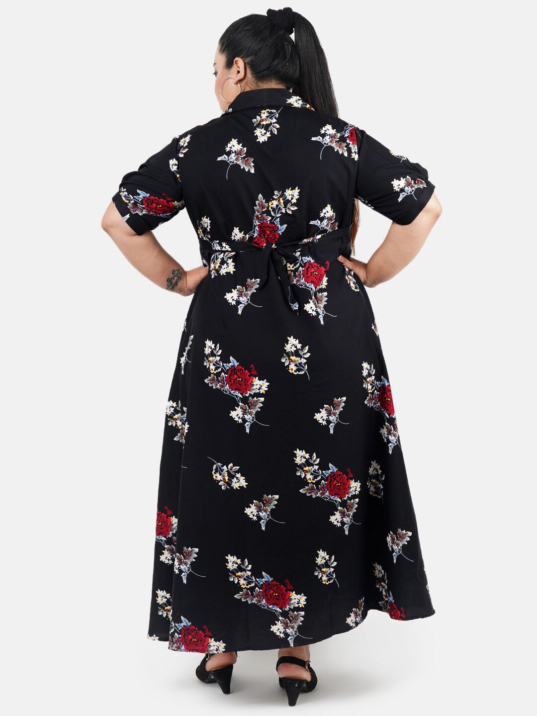 Black and Red Floral Print Plus Size Dress — view 4