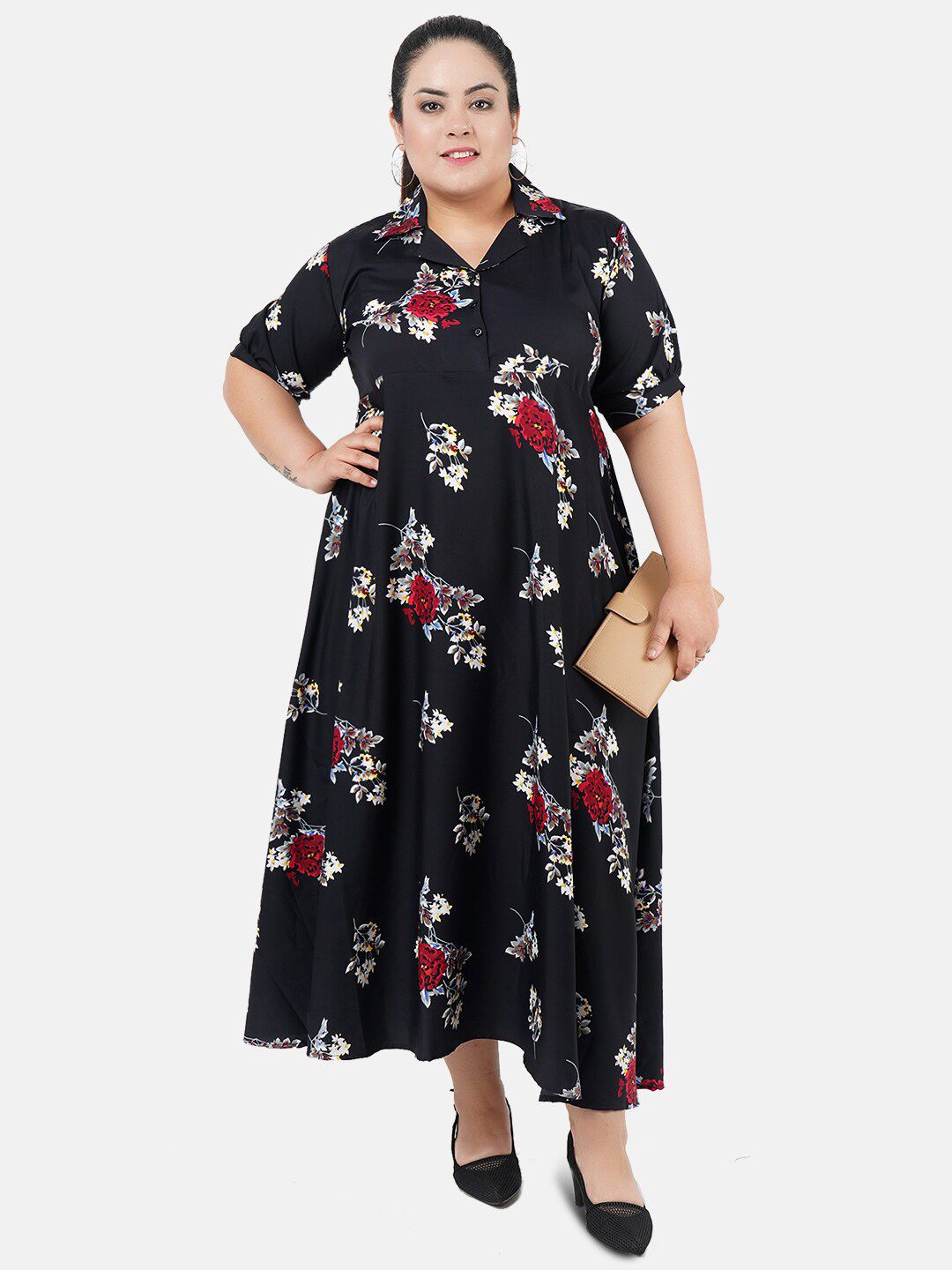 Black and Red Floral Print Plus Size Dress — view 5