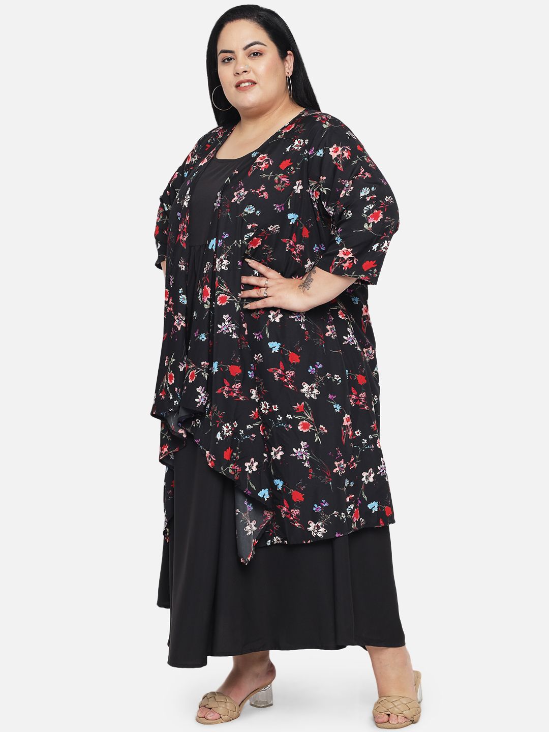 Black Floral Layered Maxi Plus Size Dress — view 3