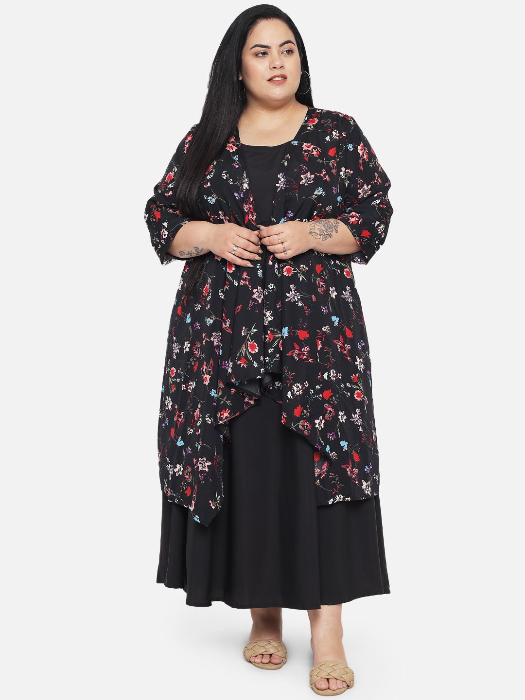 Black Floral Layered Maxi Plus Size Dress — view 4