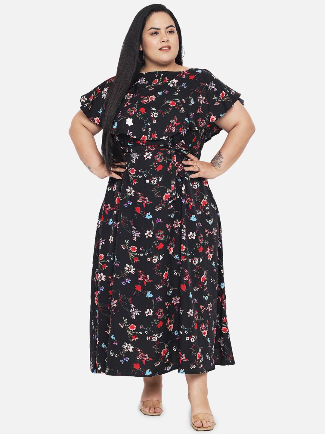 Black Floral Print Plus Size Dress — view 1