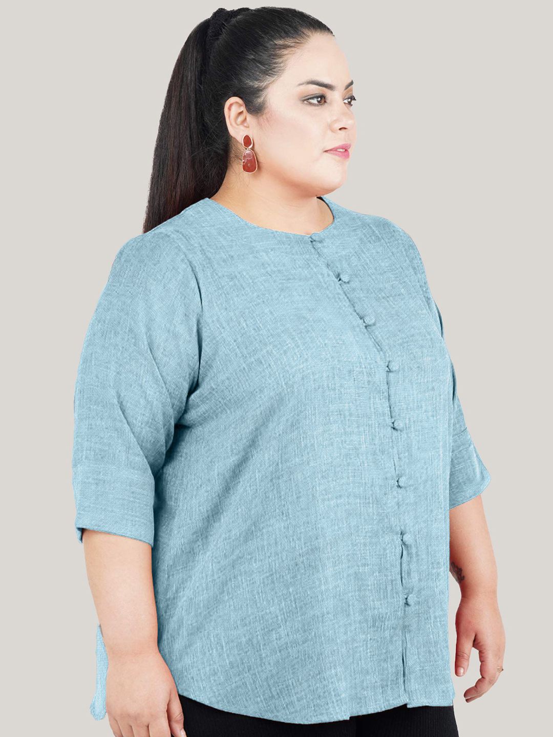 Blue Cotton Linen Plus Size Tunic — view 3