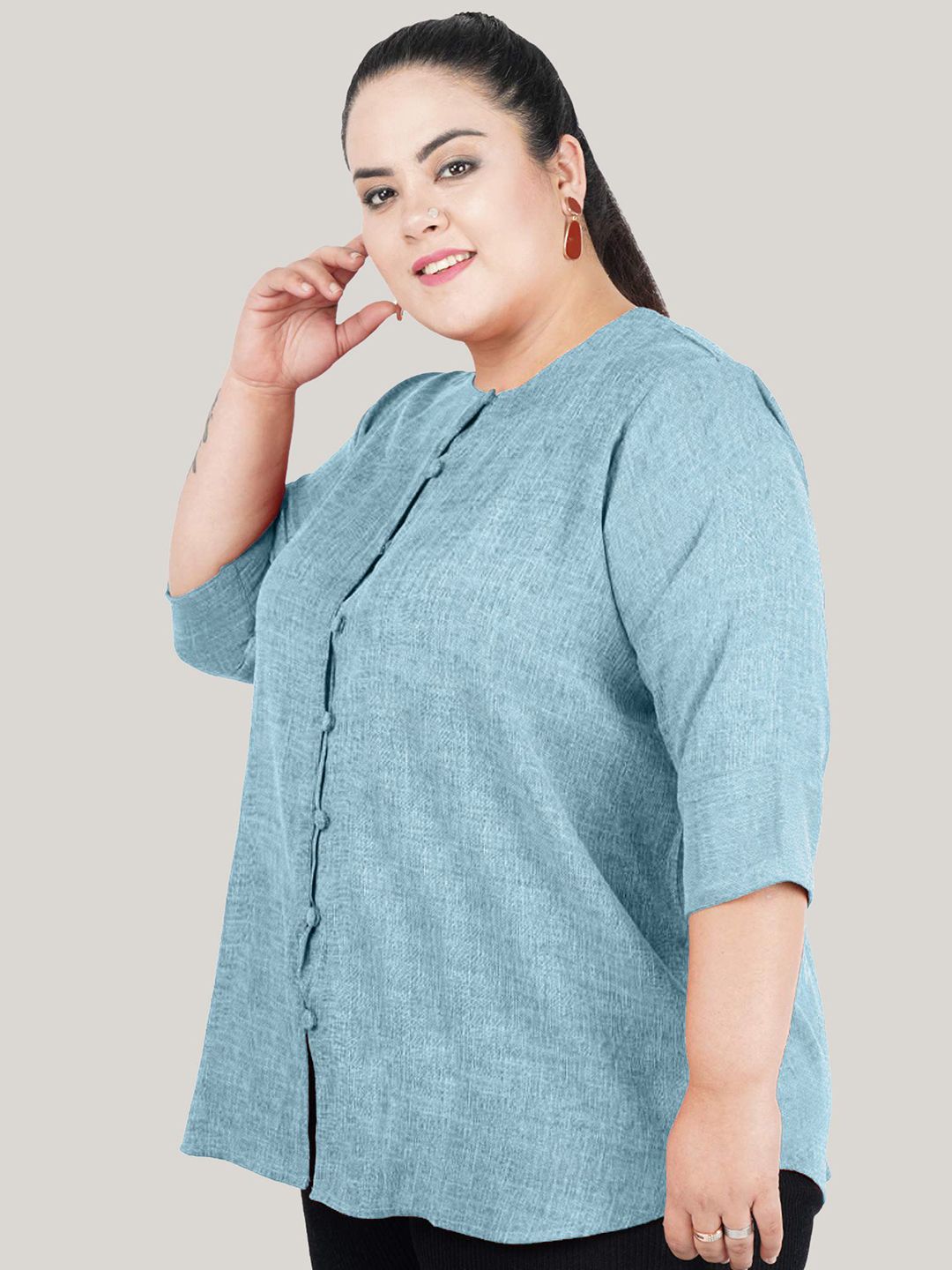 Blue Cotton Linen Plus Size Tunic — view 4