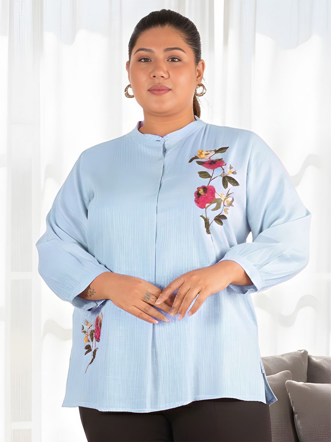 Blue Floral Embroidered Plus Size Tunic — view 1