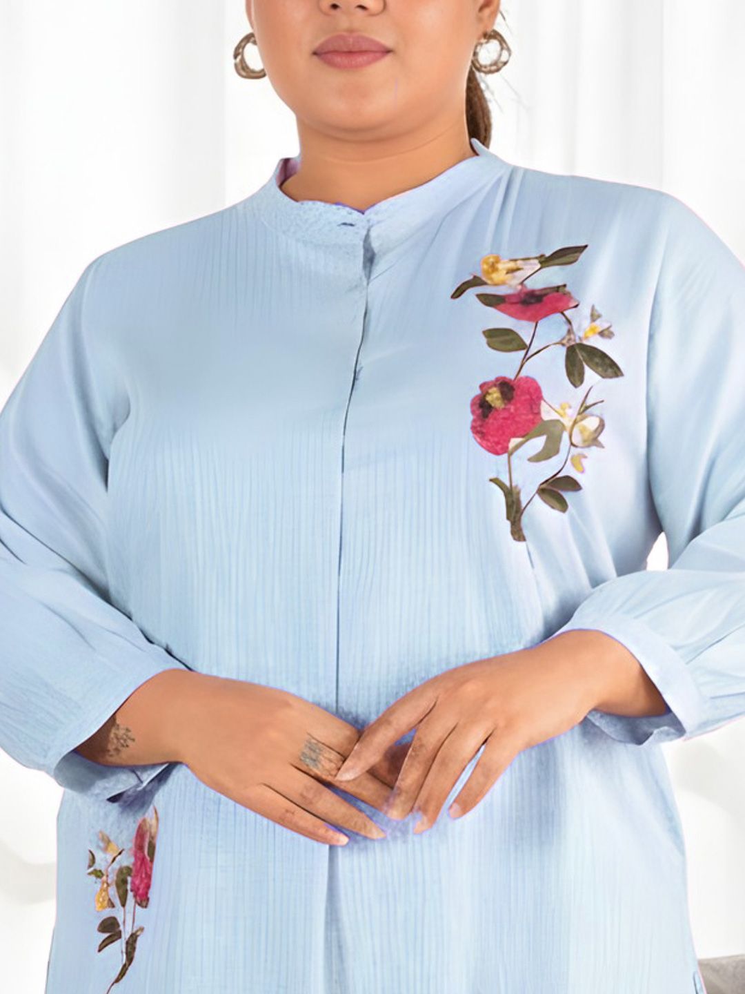 Blue Floral Embroidered Plus Size Tunic — view 2