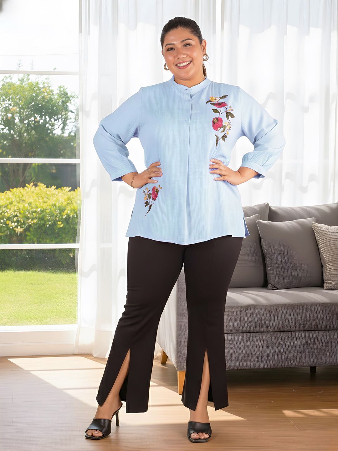 Blue Floral Embroidered Plus Size Tunic — view 6