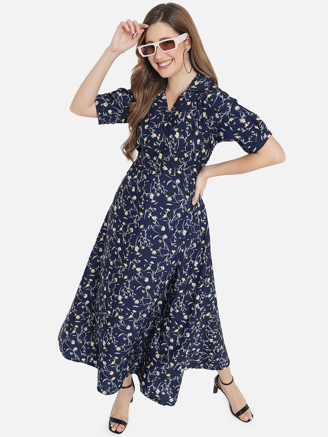 Blue Floral Fit And Flare Dress — view 14