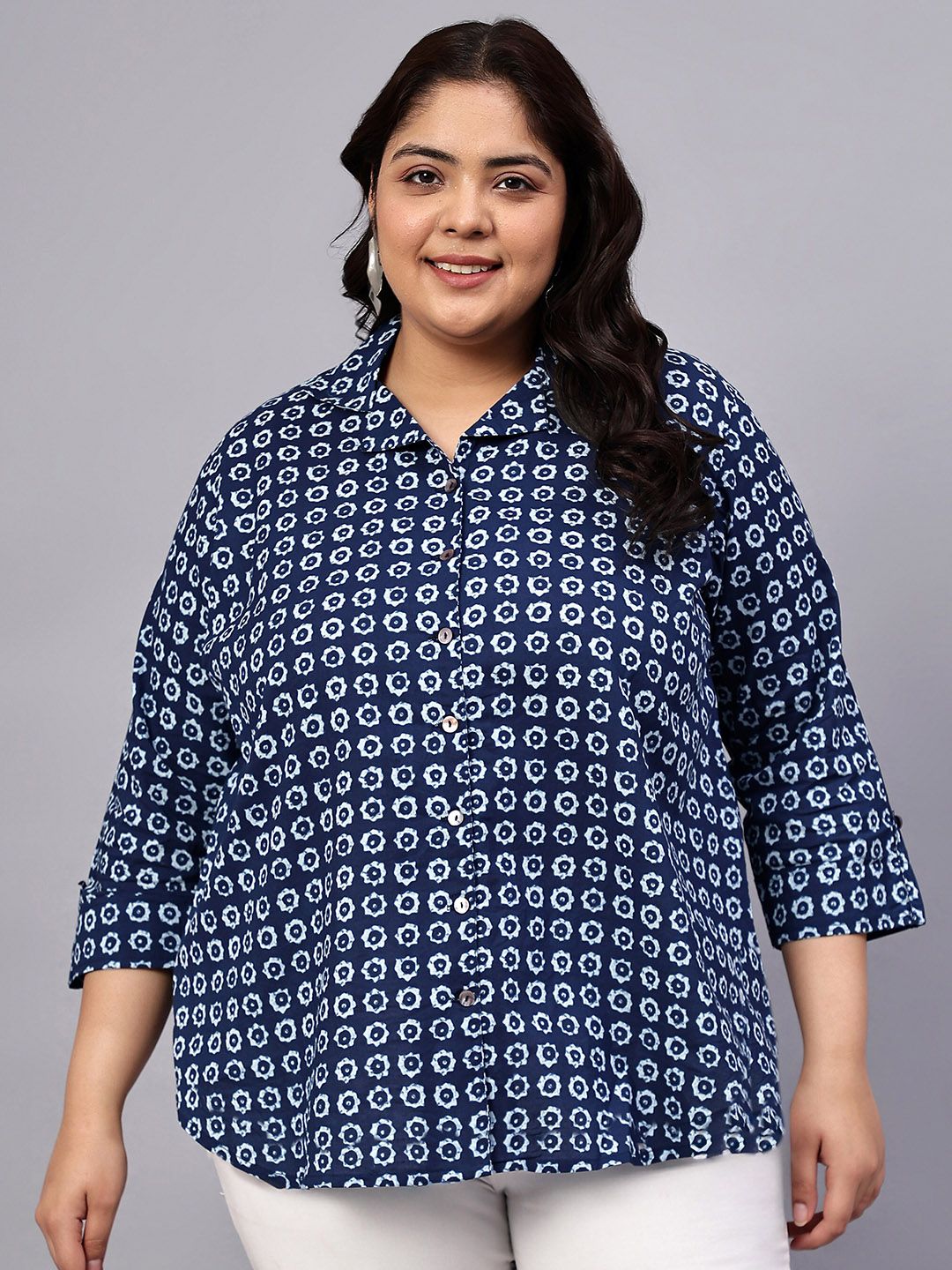 Blue Floral Print Plus Size Shirt — view 1