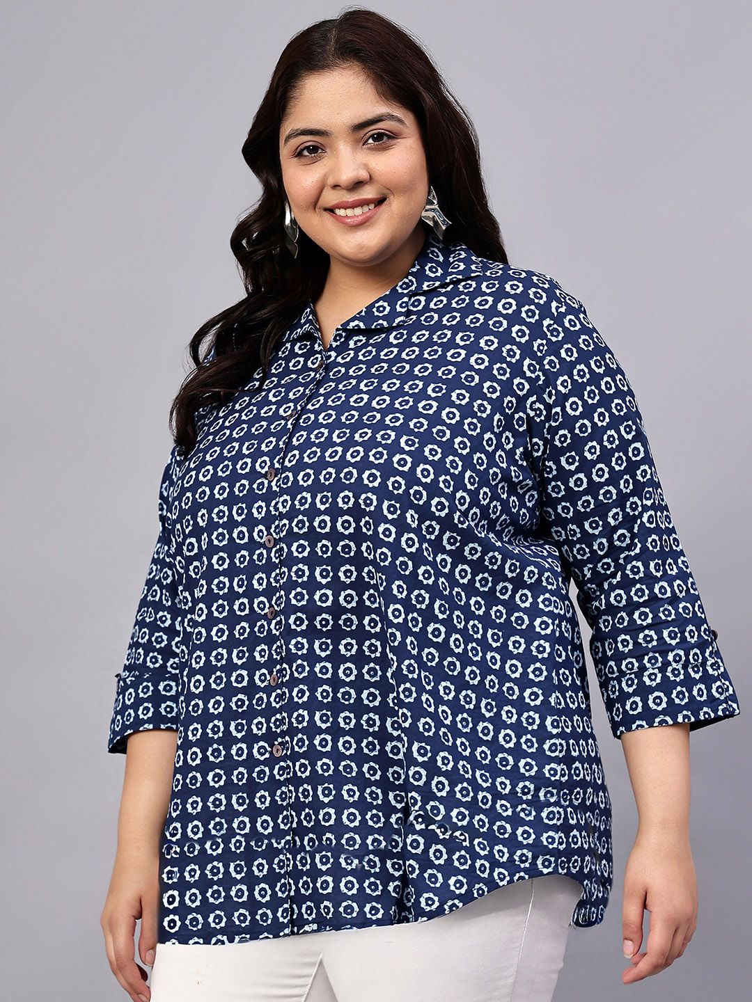 Blue Floral Print Plus Size Shirt — view 4