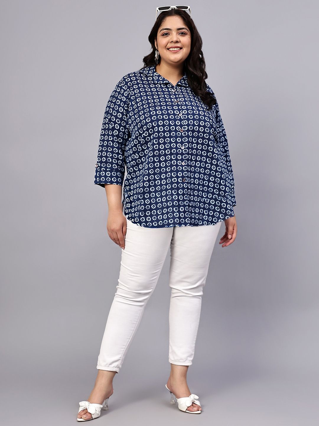 Blue Floral Print Plus Size Shirt — view 7