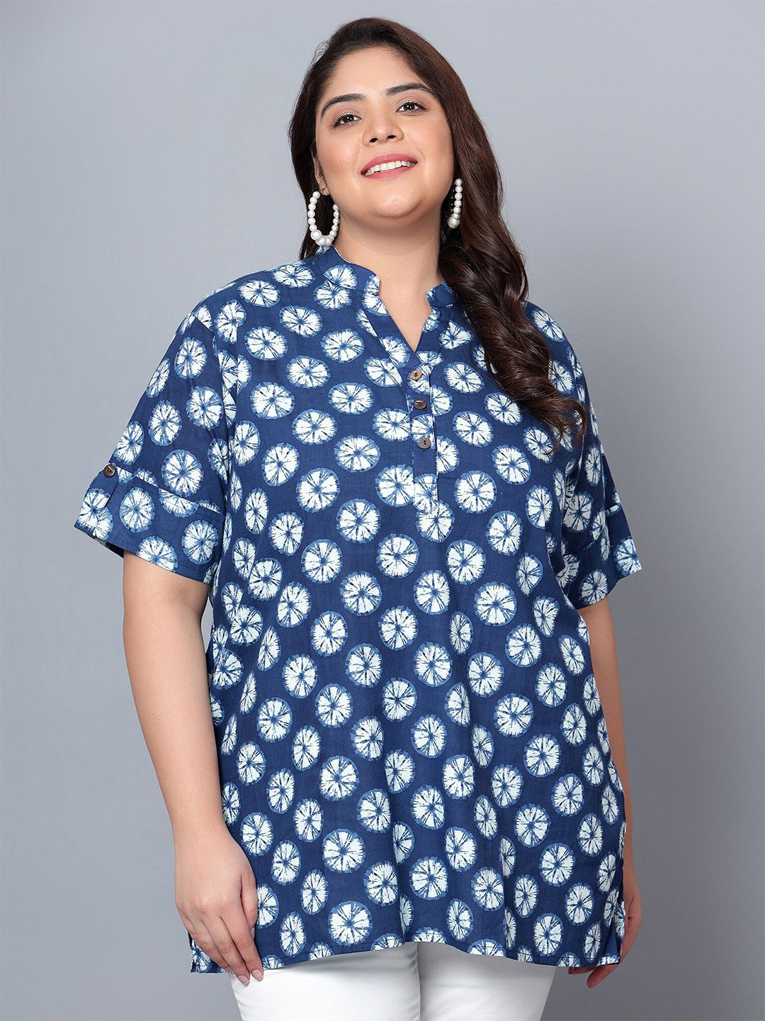 Blue Geometric Cotton Plus Size Tunic — view 1