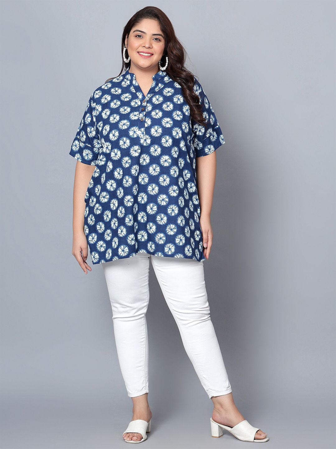 Blue Geometric Cotton Plus Size Tunic — view 6