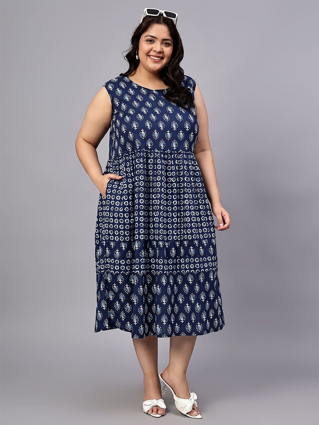 Blue Geometric Print Cotton Plus Size Dress — view 1