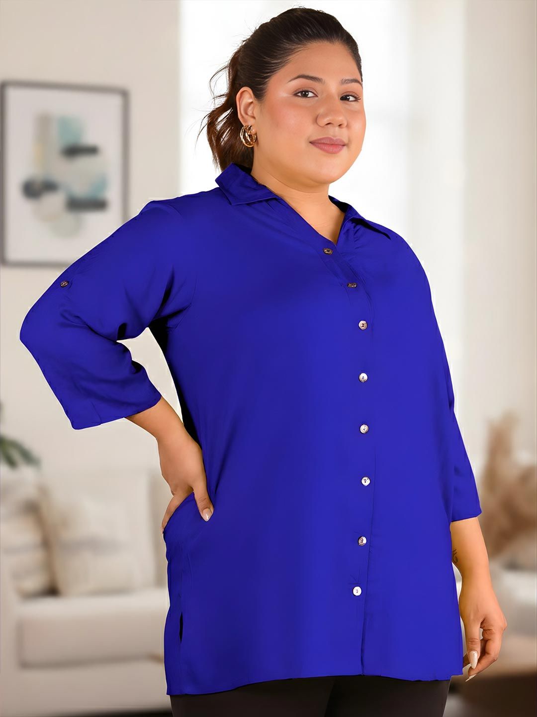 Blue Longline Plus Size Shirt — view 3