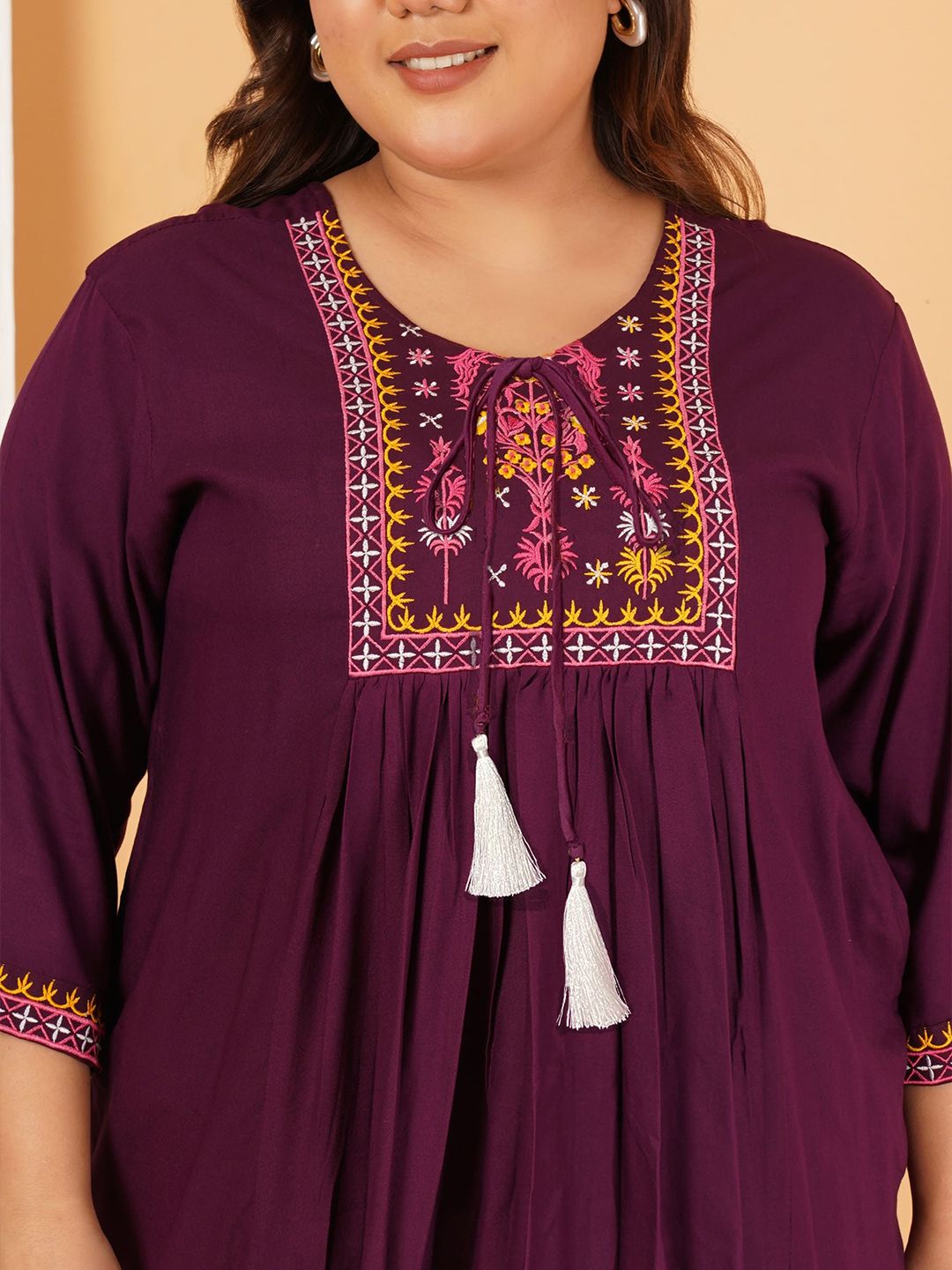 Burgundy Embroidered Plus Size Tunic — view 2