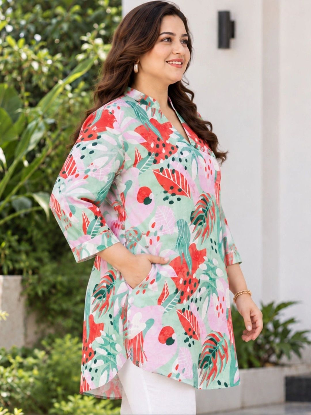 Red and Green Abstract Print Long Tunic — view 3