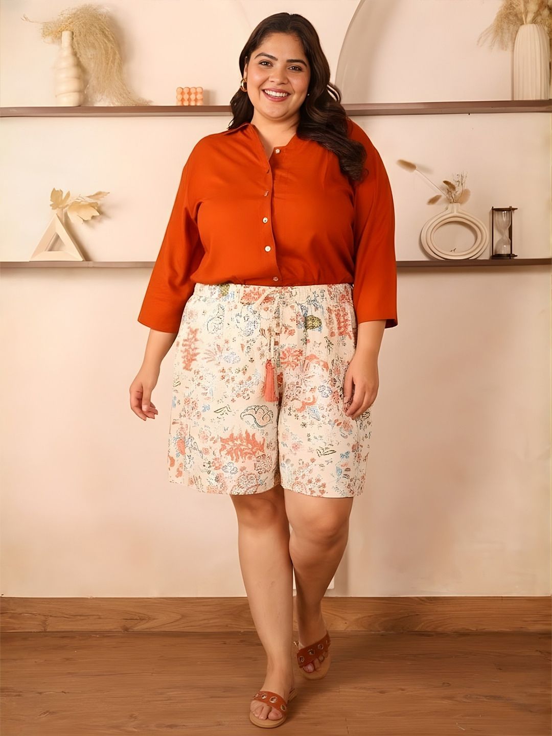 Orange Solid Shirt and Floral Print Shorts Set — view 1