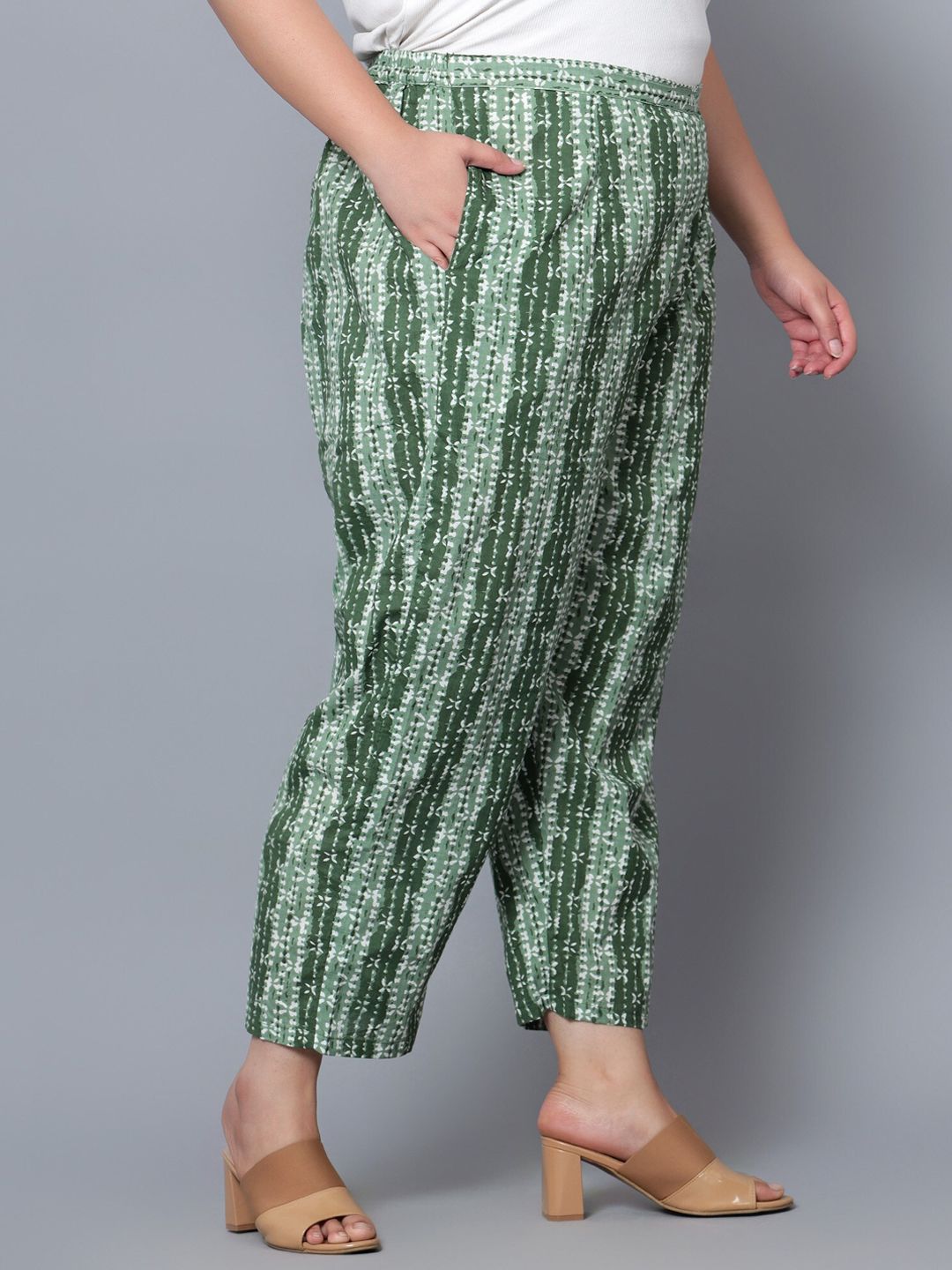 Green Hand Block Print Plus Size Trousers — view 2