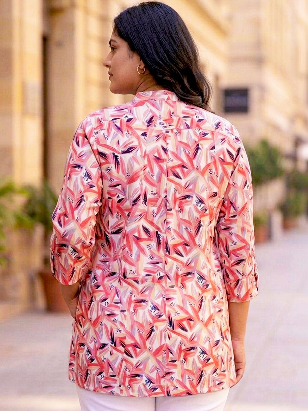 White and Pink Abstract Print Plus Size Tunic — view 2