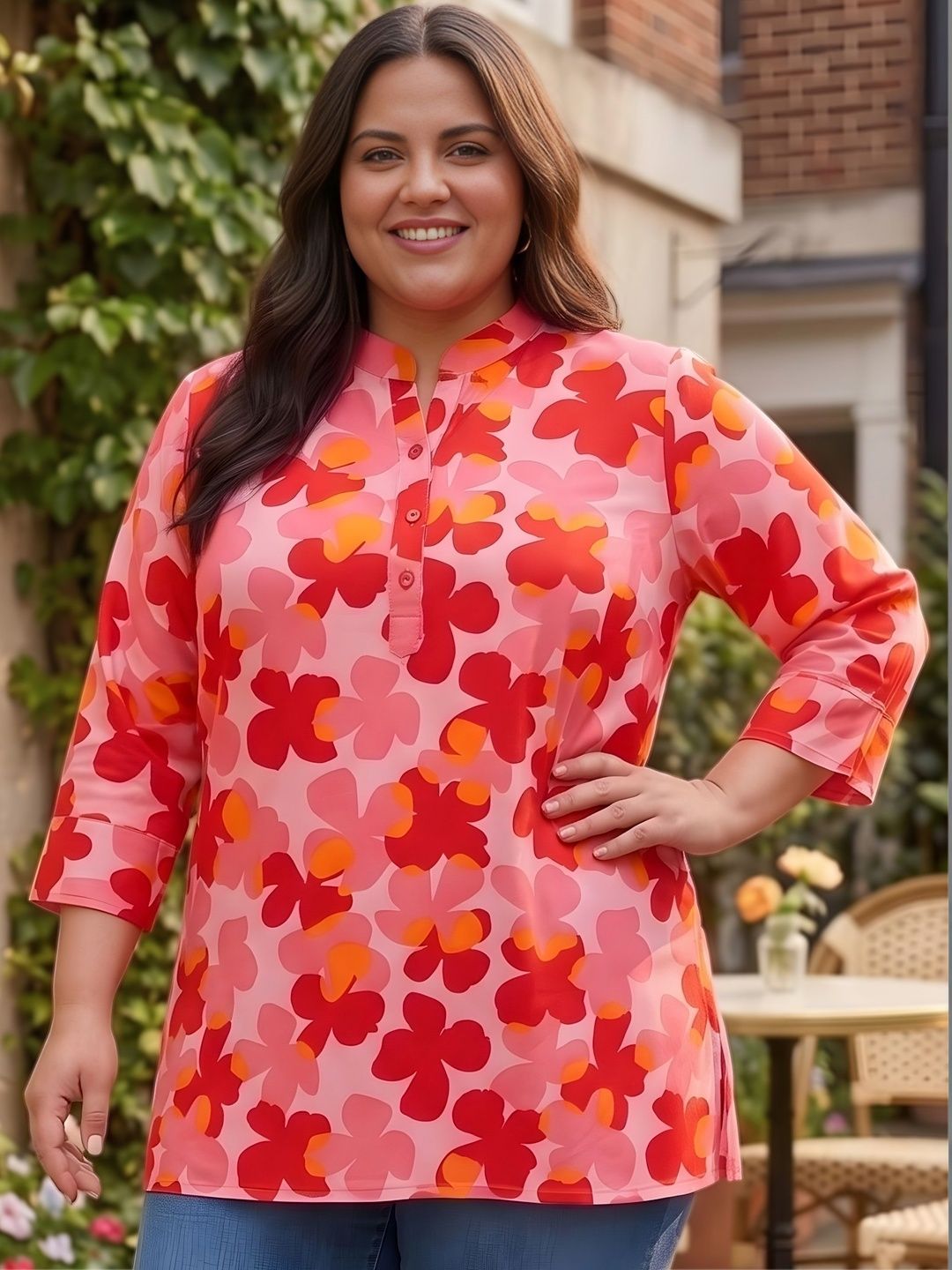 Red and Orange Floral Print Plus Size Tunic — view 1
