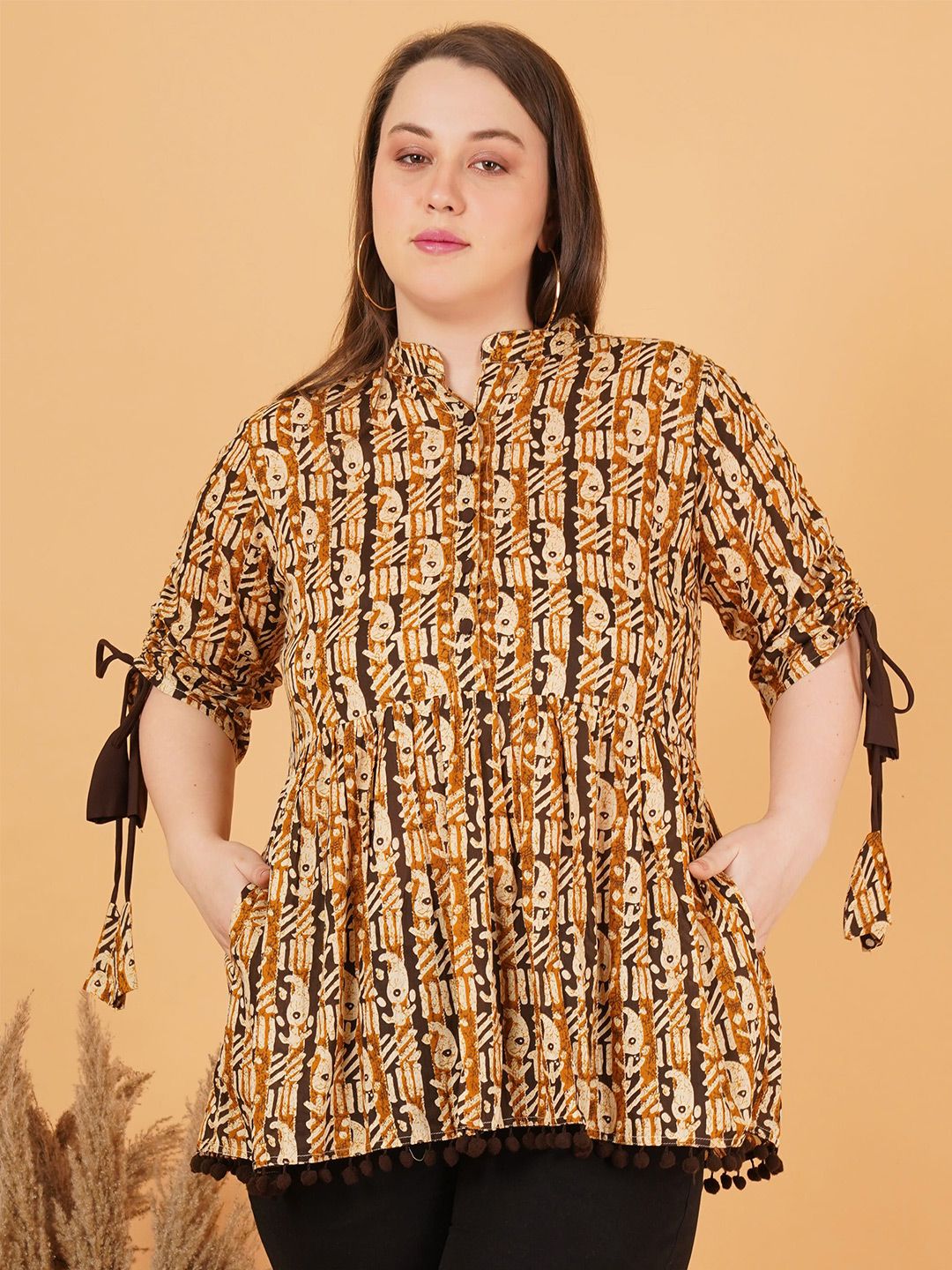 Brown Paisley Cotton Plus Size Tunic — view 1
