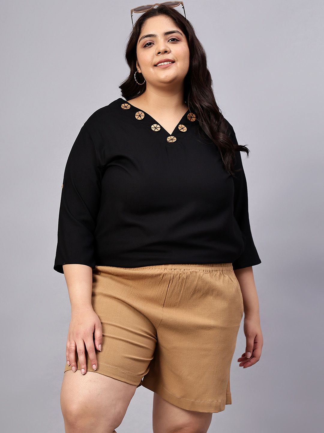 Beige Cotton Plus Size Shorts — view 5