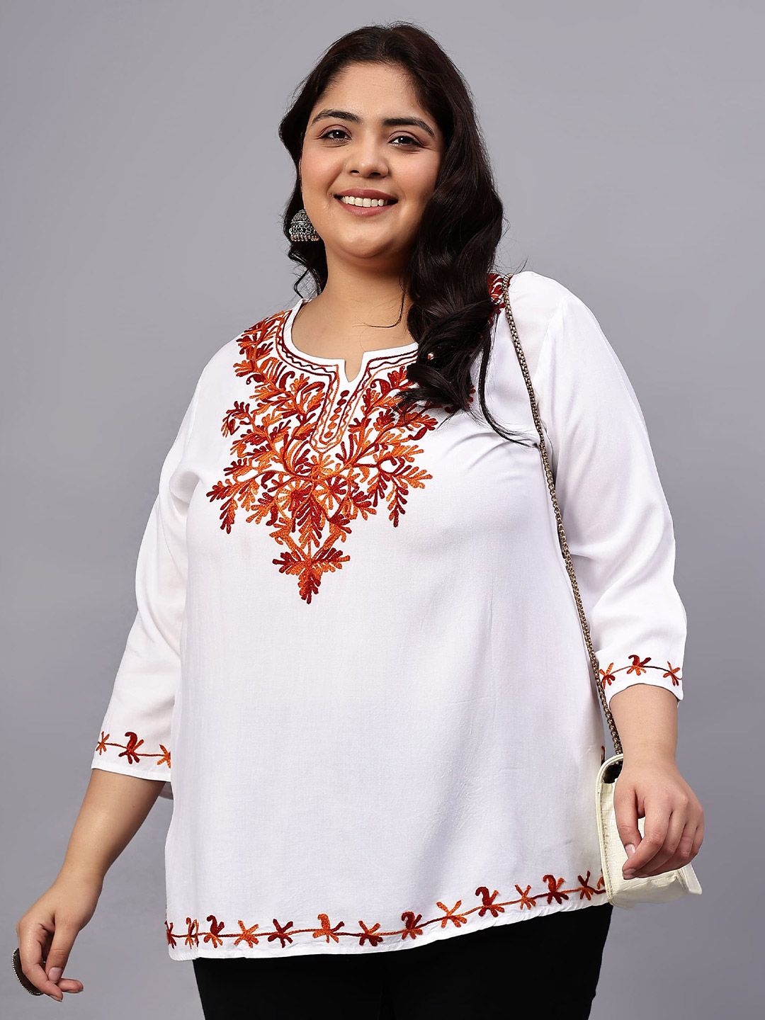 White And Red Embroidered Plus Size Tunic — view 1