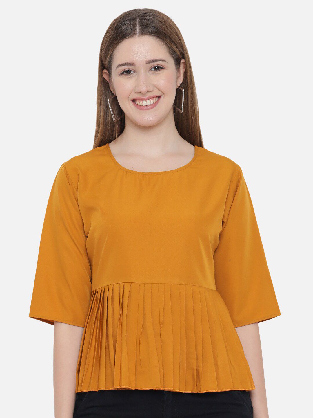 Mustard Solid Waist Pleated Top — view 7
