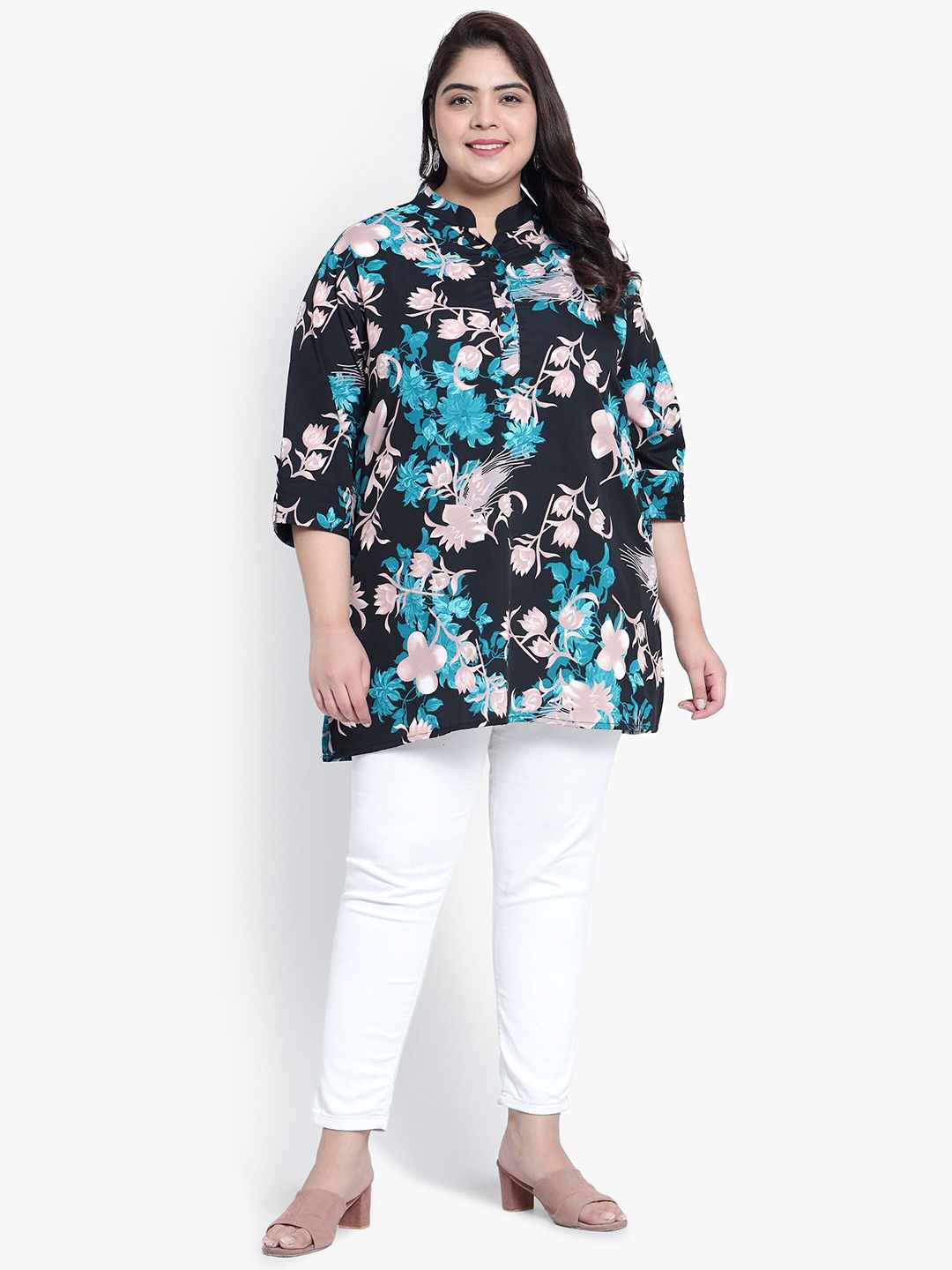 Green and Pink Floral Print Plus Size Tunic — view 6