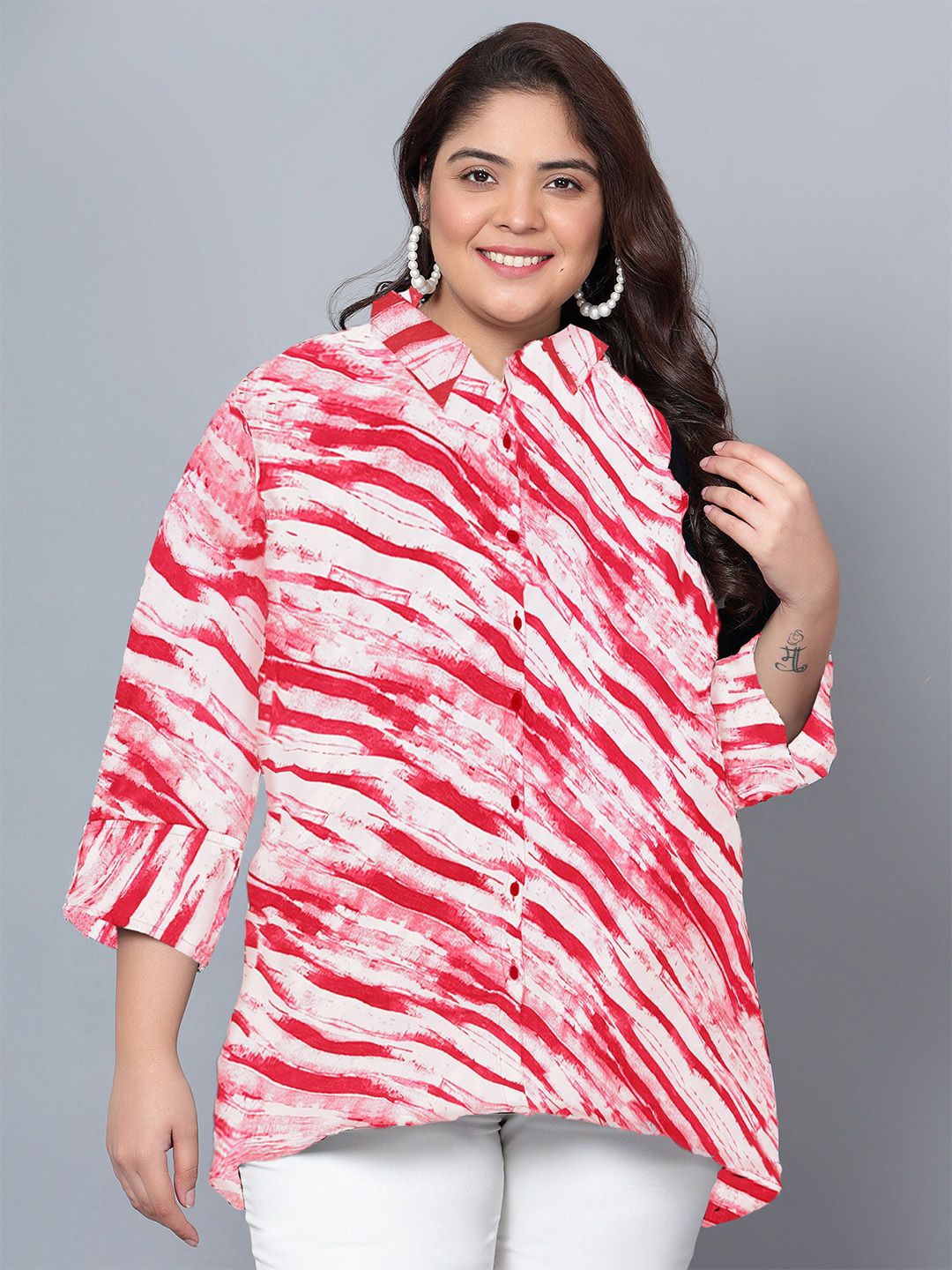 Red Leheriya Print Plus Size Shirt — view 1