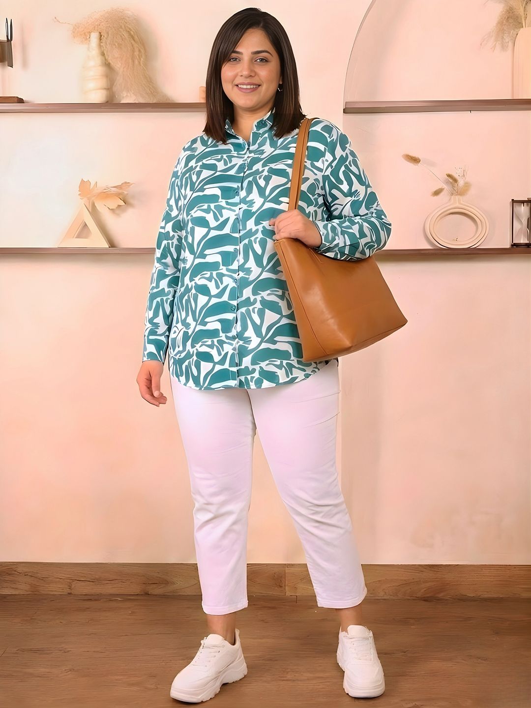 Green and White Abstract Plus Size Shirt — view 5