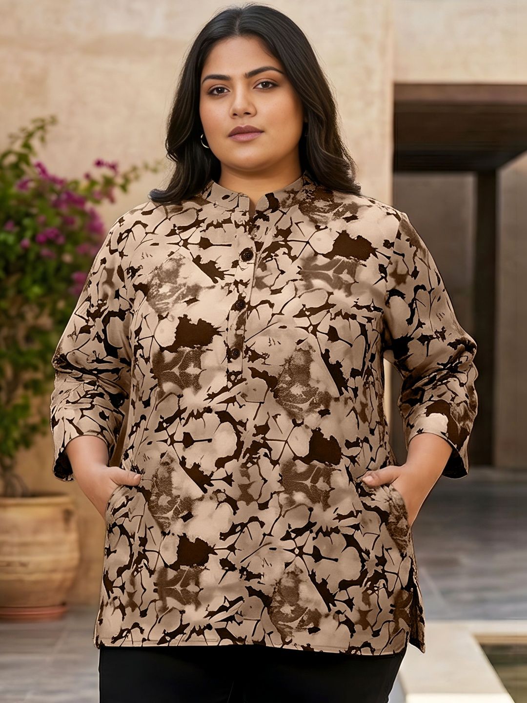 Brown Abstract Print Plus Size Tunic — view 1