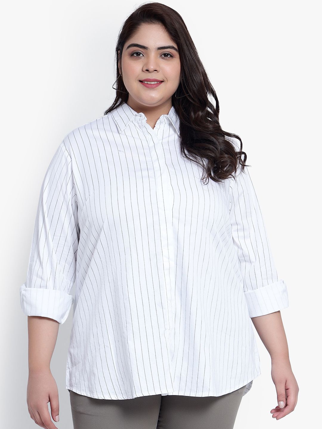 White Stripe Formal Plus Size Shirt — view 1