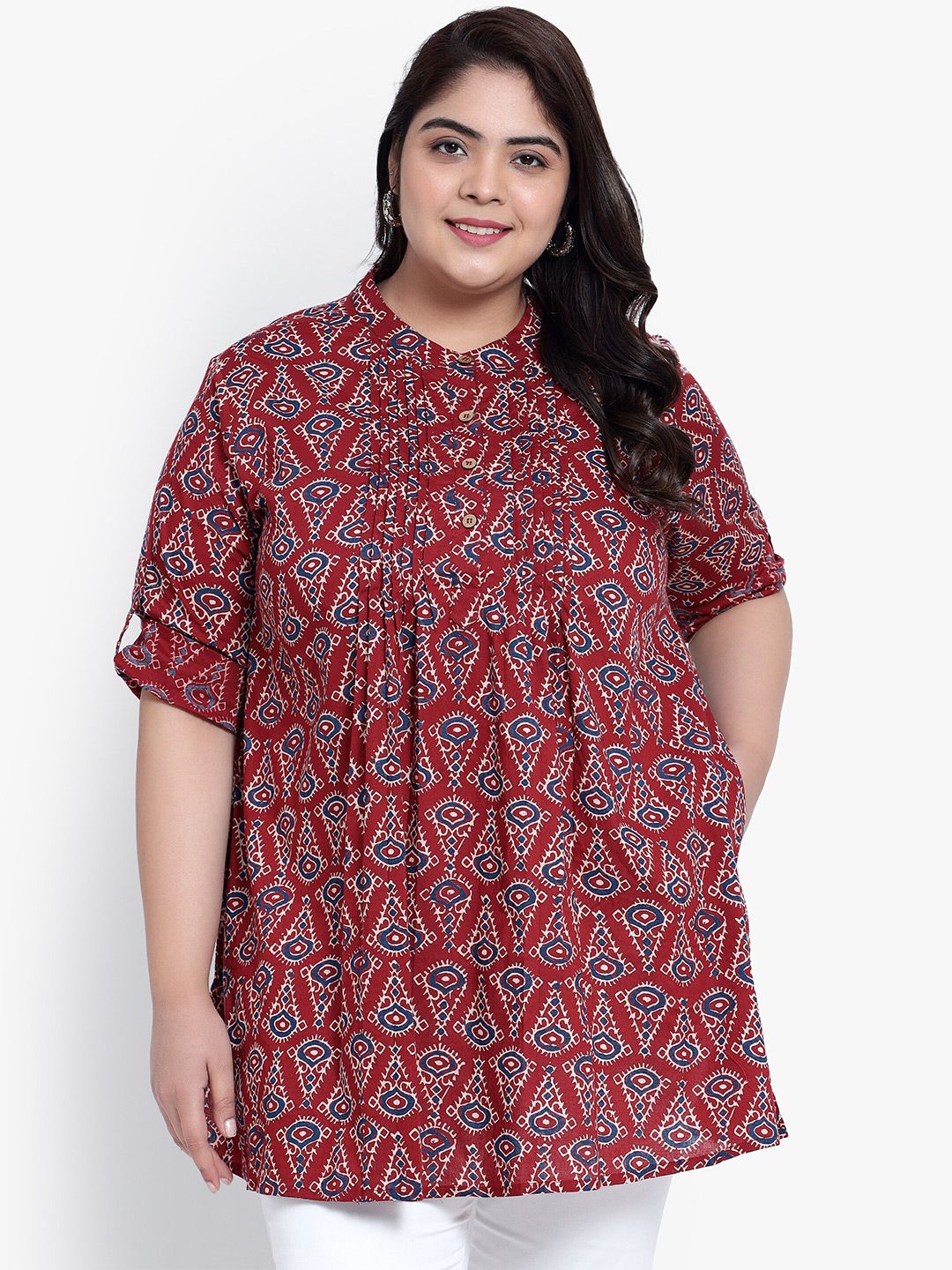 Red Geometric Print Pleat Plus Size Tunic — view 1