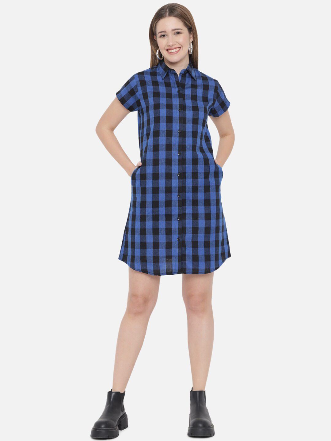 Dark Blue Checkered Plus Size Dress — view 5