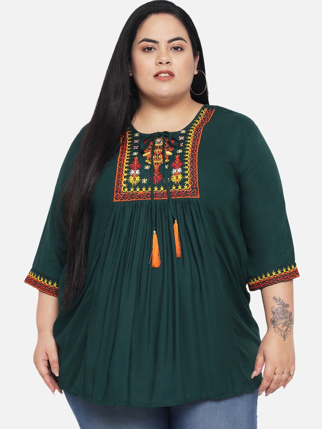 Dark Green Embroidered Plus Size Tunic — view 1
