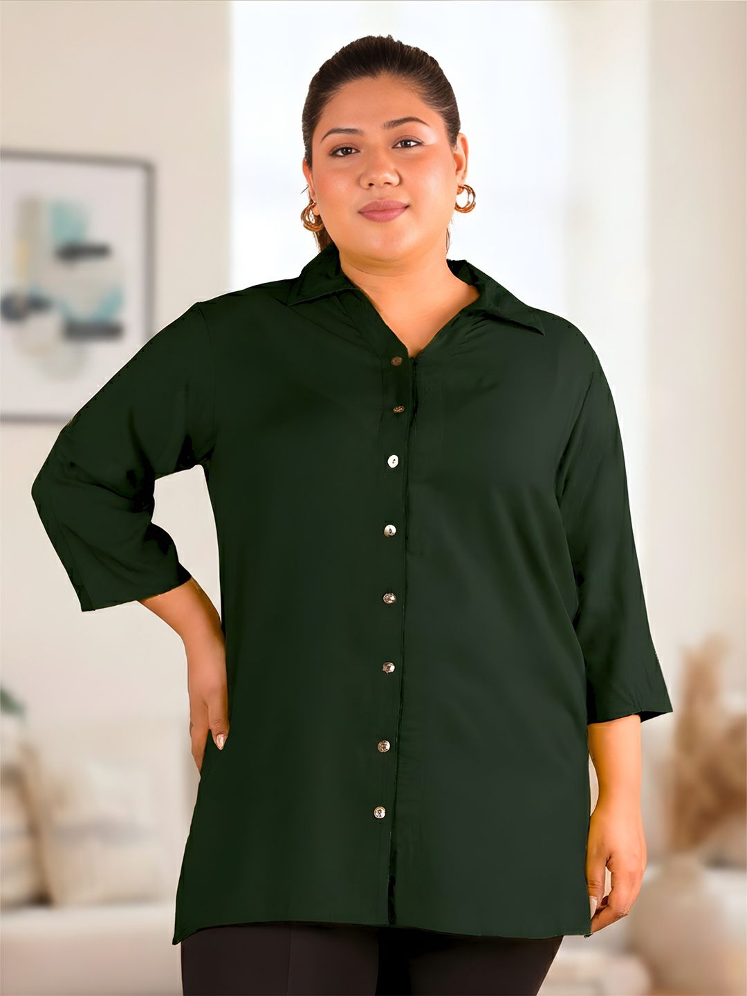 Dark Green Longline Plus Size Shirt — view 1