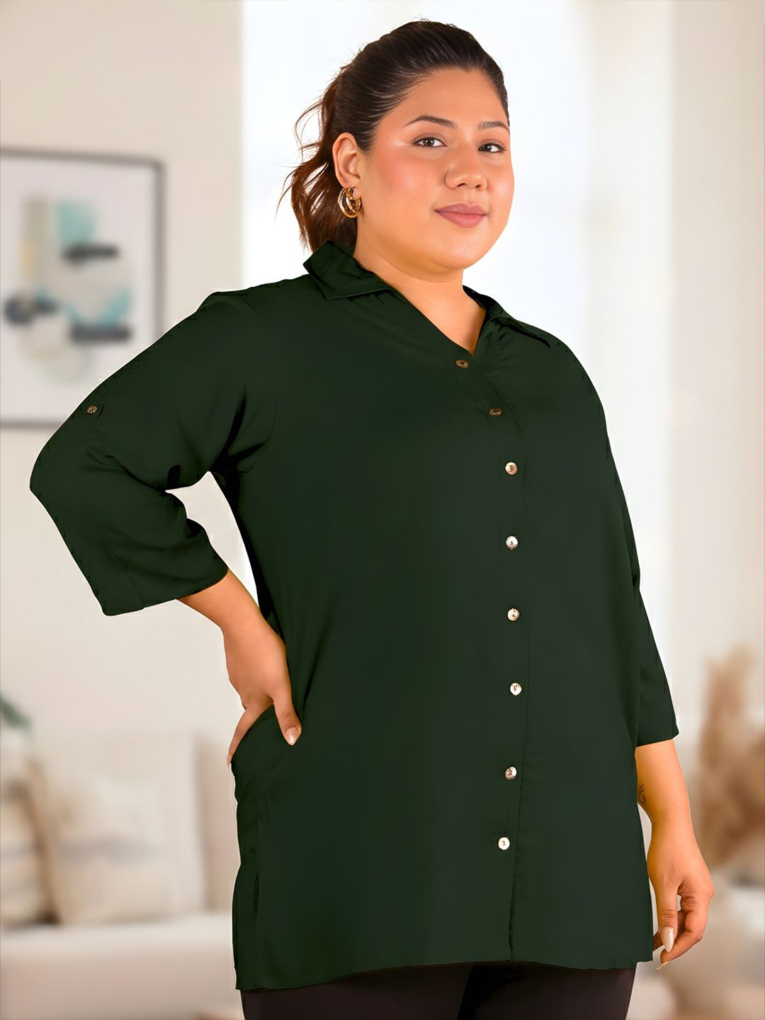 Dark Green Longline Plus Size Shirt — view 3