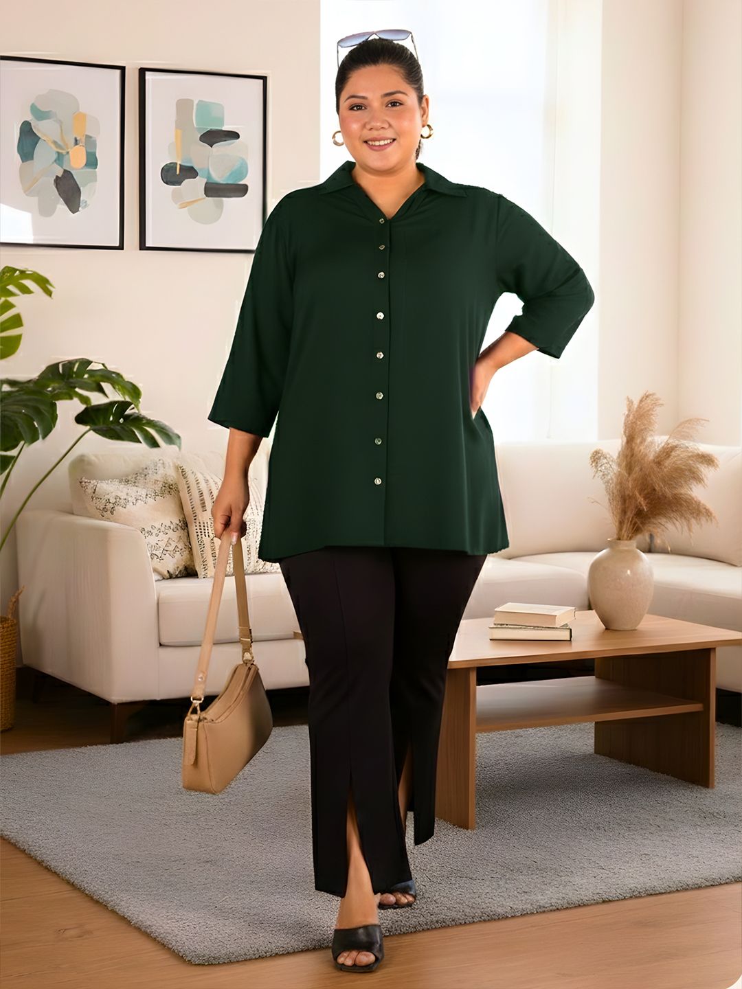Dark Green Longline Plus Size Shirt — view 6