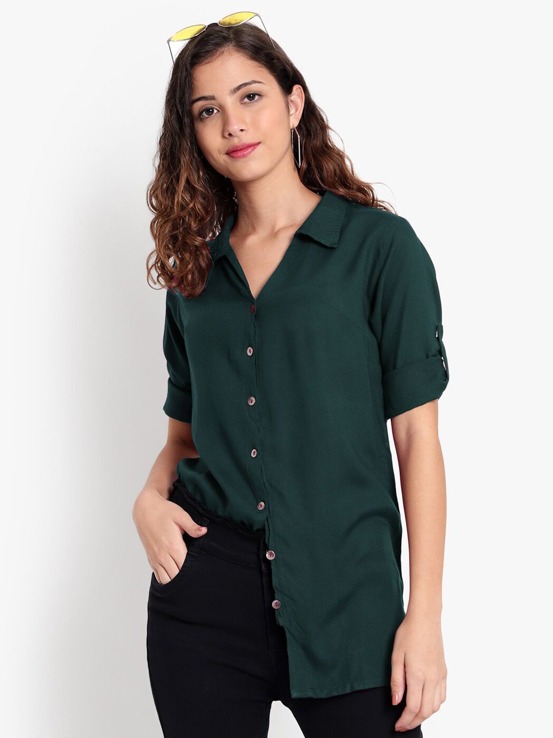 Dark Green Longline Plus Size Shirt — view 14