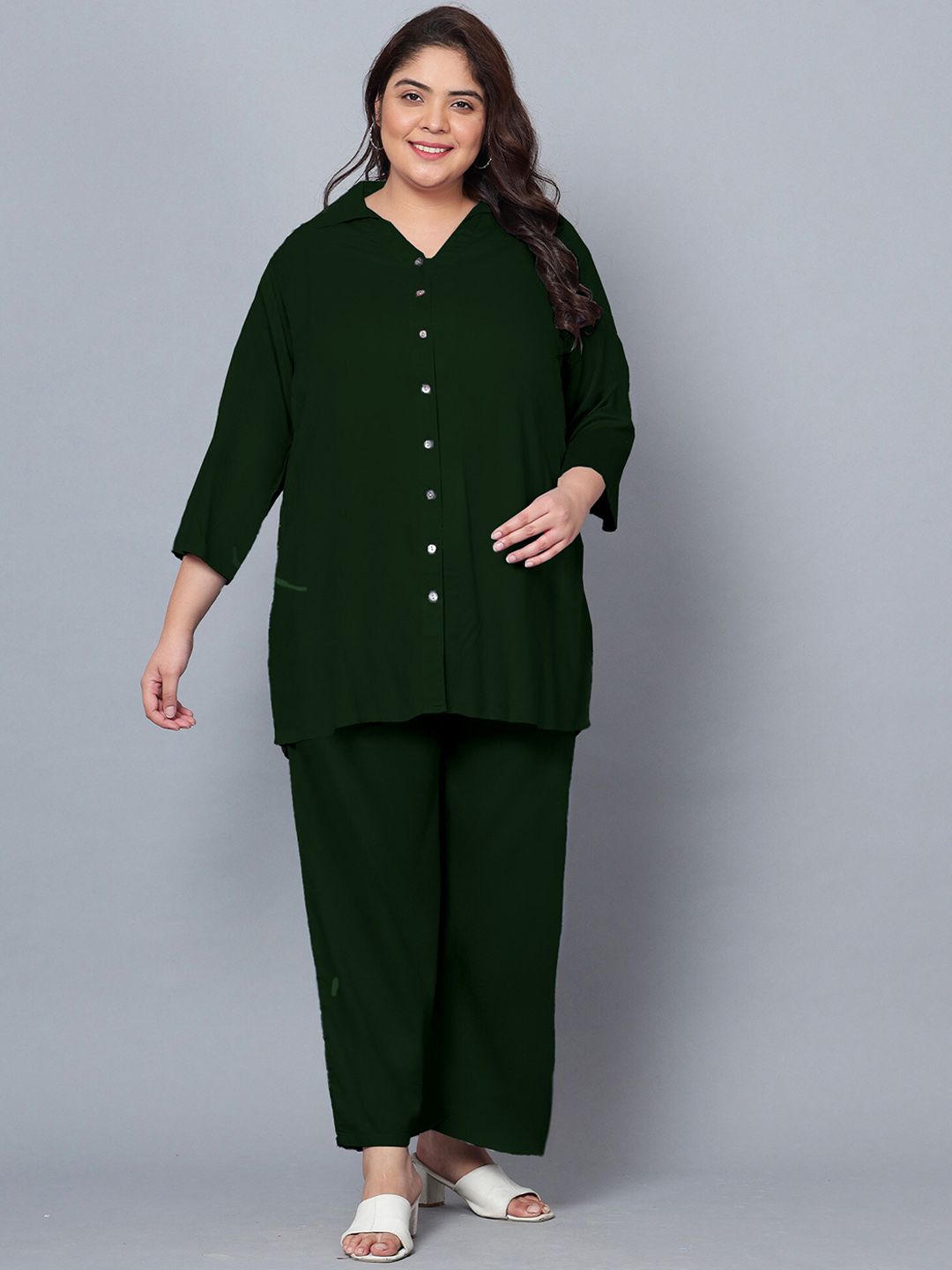 Dark Green Solid Plus Size Co-Ord Set — view 1