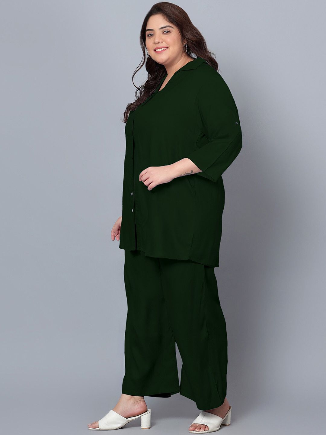 Dark Green Solid Plus Size Co-Ord Set — view 4