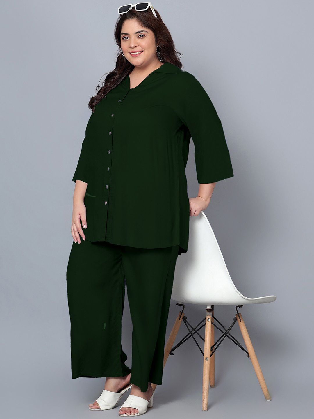 Dark Green Solid Plus Size Co-Ord Set — view 6