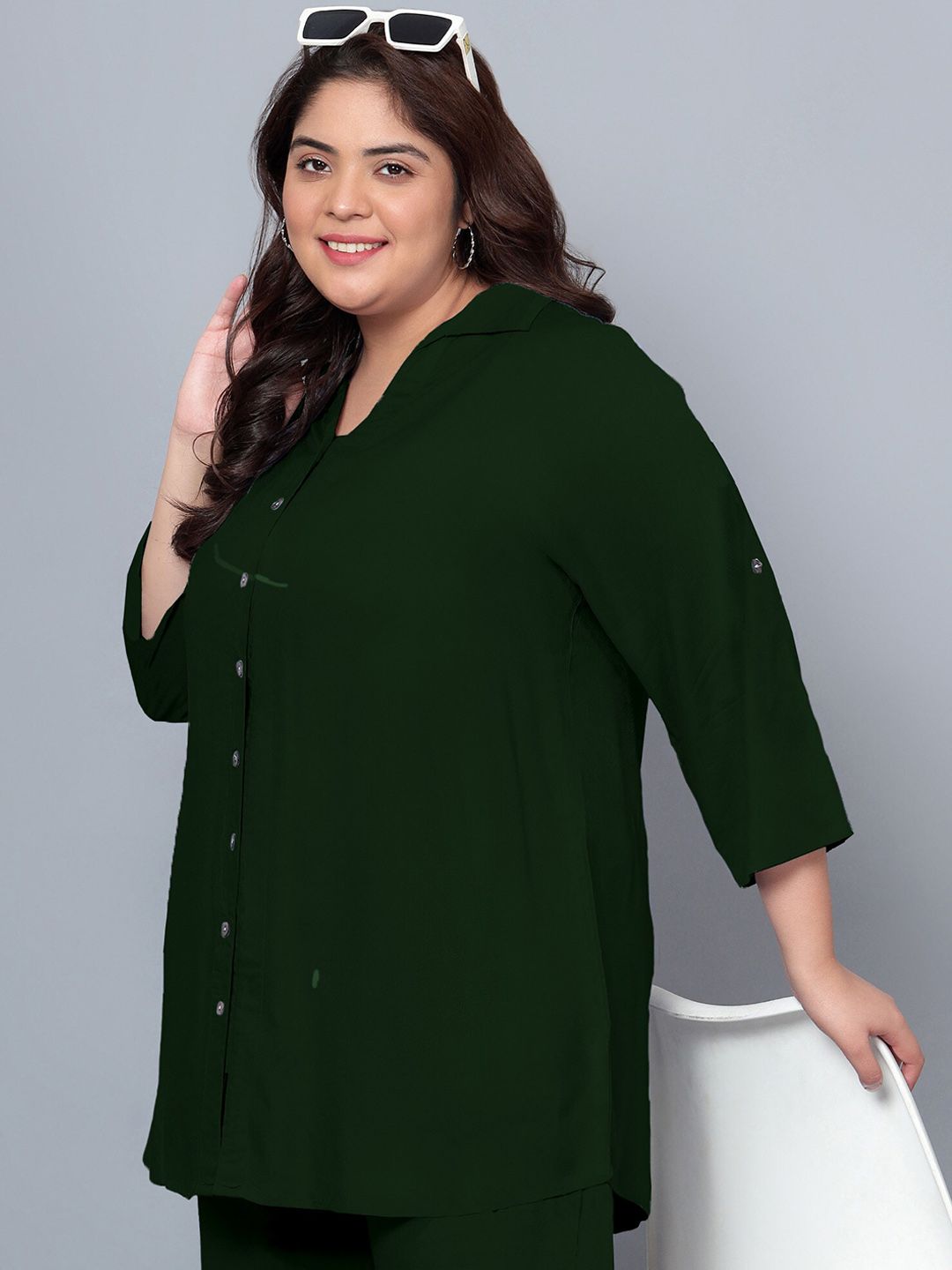 Dark Green Solid Plus Size Co-Ord Set — view 7