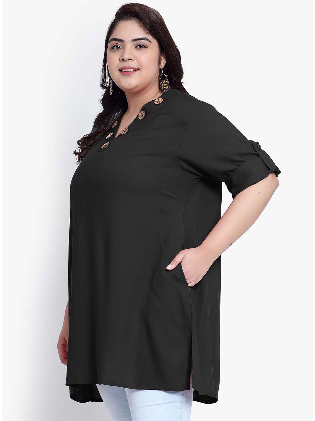 Black Collar Button Plus Size Tunic — view 4